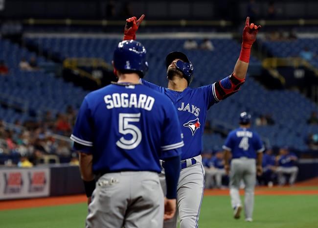 Toronto Blue Jays' Lourdes Gurriel Jr. celebrates his two-run home run with teammate Eric Sogard (5) off Tampa Bay Rays starting pitcher Blake Snell during the first inning of a baseball game Wednesday, May 29, 2019, in St. Petersburg, Fla. (AP Photo/Chris O'Meara)