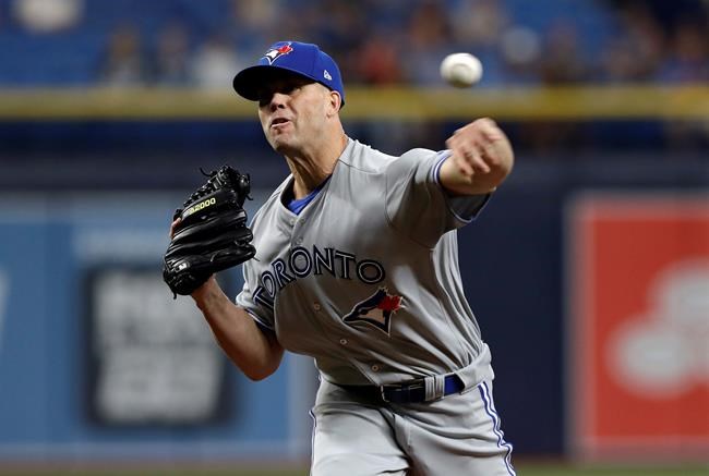 Toronto Blue Jays starting pitcher Clayton Richard delivers to the Tampa Bay Rays during the first inning of a baseball game, Tuesday, May 28, 2019, in St. Petersburg, Fla. (AP Photo/Chris O'Meara)
