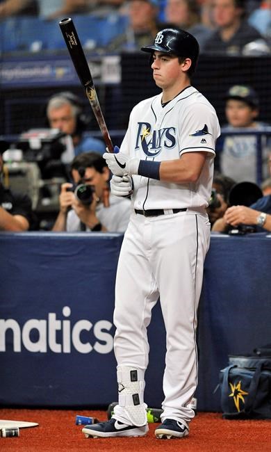 Tampa Bay Rays designated hitter Brendan McKay watches from the on-deck circle during the first inning of a baseball game against the Baltimore Orioles Monday, July 1, 2019, in St. Petersburg, Fla. (AP Photo/Steve Nesius)