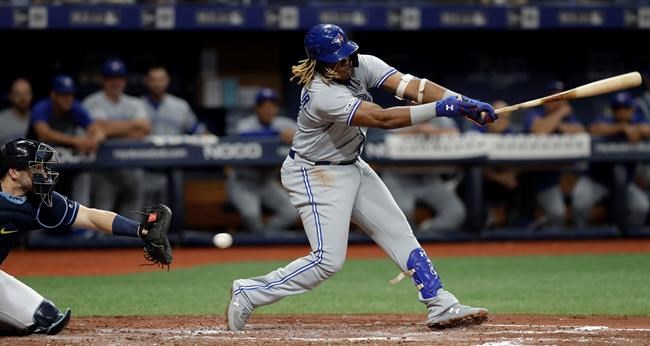 Toronto Blue Jays' Vladimir Guerrero Jr. strikes out against Tampa Bay Rays starting pitcher Charlie Morton during the third inning of a baseball game Monday, Aug. 5, 2019, in St. Petersburg, Fla. Catching for the rays is Mike Zunino. (AP Photo/Chris O'Meara)