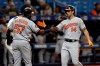 Baltimore Orioles' Rio Ruiz (14) celebrates with Hanser Alberto after Ruiz hit a two-run home run off Tampa Bay Rays starting pitcher Trevor Richards during the fifth inning of the first baseball game of a doubleheader Tuesday, Sept. 3, 2019, in St. Petersburg, Fla. (AP Photo/Chris O'Meara)