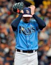Tampa Bay Rays starter Blake Snell adjusts his cap between pitches during the fifth inning of a baseball game against the New York Yankees, Sunday, May 12, 2019, in St. Petersburg, Fla. (AP Photo/Steve Nesius)