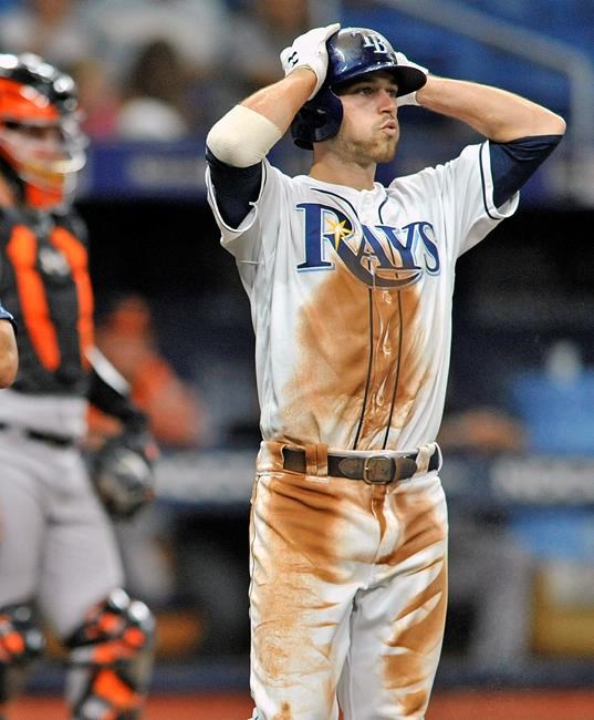 Tampa Bay Rays' Brandon Lowe tries to walk after hitting a foul tip off his right leg on a pitch from Baltimore Orioles starter Asher Wojciechowski during the sixth inning of a baseball game Tuesday, July 2, 2019, in St. Petersburg, Fla. (AP Photo/Steve Nesius)