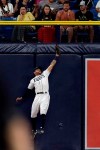 Tampa Bay Rays left fielder Tommy Pham makes a leaping catch on a flyout Oakland Athletics' Matt Chapman during the fifth inning of a baseball game Monday, June 10, 2019, in St. Petersburg, Fla. (AP Photo/Chris O'Meara)