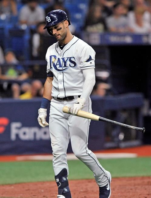 Tampa Bay Rays' Kevin Kiermaier walks back to the dugout after striking out against New York Yankees closer Aroldis Chapman during the ninth inning of a baseball game Friday, May 10, 2019, in St. Petersburg, Fla. (AP Photo/Steve Nesius)