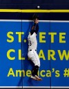 Tampa Bay Rays left fielder Tommy Pham can't reach a home run by Oakland Athletics' Khris Davis during the sixth inning of a baseball game Tuesday, June 11, 2019, in St. Petersburg, Fla. (AP Photo/Chris O'Meara)