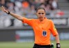 French referee Stephanie Frappart gestures during her French League One soccer match between Amiens and Strasbourg, at the Stade de la Licorne stadium in Amiens, France, Sunday, April 28, 2019. Stephanie Frappart is the first woman to referee a Ligue One soccer match in France. (AP Photo/Michel Spingler)