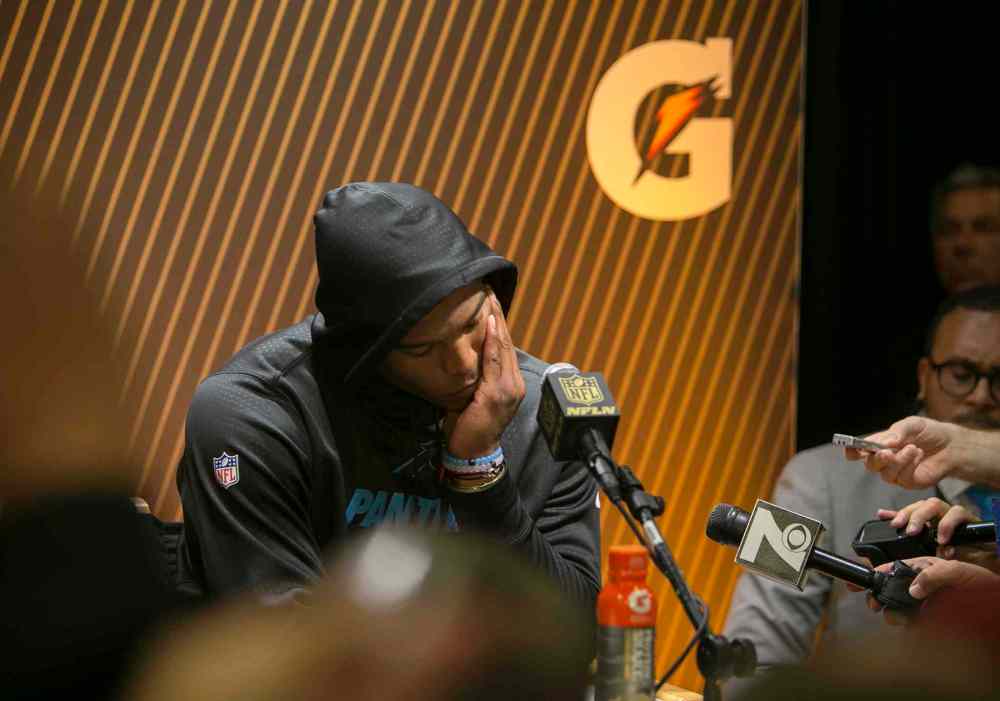 LiPo Ching/Bay Area News Group/TNS
Carolina Panthers quarterback Cam Newton speaks to the media at a postgame news conference following a 24-10 loss against the Denver Broncos in Super Bowl 50 at Levi's Stadium in Santa Clara, Calif., on Sunday.