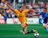 FILE - In this Sept. 16, 2017, file photo, Australia's Sam Kerr, left, fights for the ball against Brazil's Rafaelle Carvalho Souzav during their friendly soccer match in Penrith, Australia. Kerr has been selected as captain of Australia's 23-player squad for the Women's World Cup which kicks off in June 2019, in France. (AP Photo/Daniel Munoz, File)
