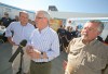 James O'Connor / Brandon Sun
NDP leader Greg Selinger announces an additional ambulance for Brandon and expanded home care at Brandon Firehall No. 1 Saturday afternoon. At left is Brandon East candidate Drew Caldwell, and at right, Brandon West candidate Jim Murray.
