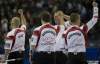 Jonathan Hayward / The Canadian Press
Canada's skip Jeff  Stoughton, right to left, lead Steve Gould, second Reid Carruthers and third Jonathan Mead celebrate their win over Scotland at the Brandt Centre during the Ford World Men's Curling Championships in Regina, Sask., Friday. This win allows Canada to go straight to the gold medal game on Sunday.