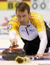 Dave Chidley / THE CANADIAN PRESS
Manitoba skip Jeff  Stoughton throws a rock in his team's draw against B.C. at the Brier Canadian Curling Championships in London, Ont., Saturday.