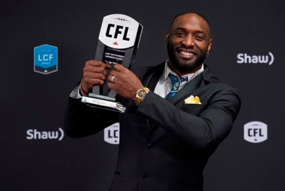 Winnipeg Blue Bombers defensive lineman Willie Jefferson with the trophy for the most outstanding defensive player at the CFL Awards during the CFL's Grey Cup week in Calgary, Thursday, Nov. 21, 2019. THE CANADIAN PRESS/Nathan Denette