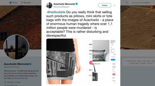 A screen grab made Wednesday May 8, 2019 of the Auschwitz Memorial website where they comment on the sale of Auschwitz related products on the site of an online vendor. Museum authorities at the Auschwitz-Birkenau former Nazi German death camp in Poland have protested to an online vendor that was selling miniskirts, pillows and other items bearing photos of the camp, where some 1.1 million people were killed during World War II. (Photo via AP)