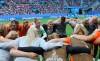 Netherlands goalkeeper Sari Van Veenendaal, center left, is joined by coach Sarina Wiegman as she gives a team talk before the Women's World Cup round of 16 soccer match between the Netherlands and Japan at the Roazhon Park, in Rennes, France, Tuesday, June 25, 2019. (AP Photo/David Vincent)