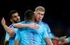 Manchester City's Gabriel Jesus celebrates with Kevin De Bruyne after scoring his side's third goal during the Group C Champions League soccer match between Manchester City and FC Shakhtar Donetsk in Kharkiv, Ukraine, Wednesday, Sept. 18, 2019. (AP Photo/Efrem Lukatsky)