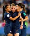 France's Marion Torrent, right, and Sakina Karchaoui react after the Women's World Cup quarterfinal soccer match between France and the United States at the Parc des Princes, in Paris, Friday, June 28, 2019. the U.S. won the match 2-1. (AP Photo/Michel Euler)