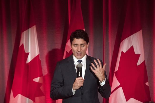 Prime Minister Justin Trudeau address attendees at the Liberal fundraising event at the Delta hotel in Toronto, Ont., on Thursday, February 7, 2019. NDP Leader Jagmeet Singh is calling for an ethics investigation into allegations that the Prime Minister's Office pressured former attorney general Jody Wilson-Raybould to help SNC-Lavalin avoid a criminal prosecution. THE CANADIAN PRESS/ Tijana Martin