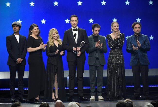 FILE - In this Jan. 13, 2019, file photo, Kunal Nayyar, from left, Mayim Bialik, Melissa Rauch, Jim Parsons, Simon Helberg, Kaley Cuoco and Johnny Galecki, from the cast of