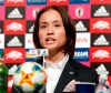 Japan's women's soccer head coach Asako Takakura names her World Cup squad during a press conference in Tokyo Friday, May 10, 2019. Takakura is going with a youthful team as the country aims to regain its winning form. (Hiroko Harima/Kyodo News via AP)