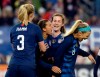 United States forward Tobin Heath, center, celebrates with teammates after scoring a goal against England during the second half of a SheBelieves Cup women's soccer match Saturday, March 2, 2019, in Nashville, Tenn. The United States and England played to a 2-2 draw. (AP Photo/Mark Zaleski)