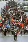 JOE BRYKSA / WINNIPEG FREE PRESS
Assembly of Manitoba Chiefs Grand Chief Derek Nepinak leads a large group walking down Portage Avenue in downtown Winnipeg to mark the release of the Truth and Reconciliation Commission report in Ottawa.
