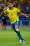 Brazil's Gabriel Jesus celebrates scoring his side's first goal during a Copa America semifinal soccer match against Argentina at Mineirao stadium in Belo Horizonte, Brazil, Tuesday, July 2, 2019. Brazil won the match 2-0 and advanced to the final. (AP Photo/Eugenio Savio)
