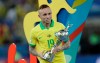 Brazil's Everton holds his top scorer trophy after his team's 3-1 defeat of Peru in the final match of the Copa America at Maracana stadium in Rio de Janeiro, Brazil, Sunday, July 7, 2019. (AP Photo/Silvia Izquierdo)
