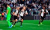 Juventus' Cristiano Ronaldo, second from right, celebrates with his teammates after scoring his side second goal on a penalty kick during the Italian Serie A soccer match between Juventus and Verona at the Juventus' Stadium in Turin, Italy, Saturday, Sept. 21, 2019. (Alessandro Di Marco/ANSA via AP)