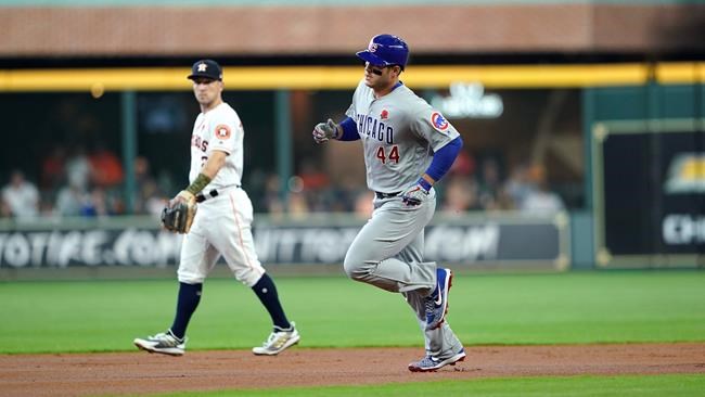 Chicago Cubs' Anthony Rizzo (44) runs the bases after hitting a two-run home run against the Houston Astros during the first inning of a baseball game Monday, May 27, 2019, in Houston. (AP Photo/David J. Phillip)