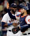 Houston Astros' Robinson Chirinos, right, and Yordan Alvarez celebrate after a baseball game against the Oakland Athletics Monday, Sept. 9, 2019, in Houston. The Astros won 15-0. (AP Photo/David J. Phillip)