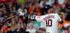 Houston Astros' Yuli Gurriel hits a RBI double against the Cleveland Indians during the seventh inning of a baseball game Sunday, April 28, 2019, in Houston. (AP Photo/David J. Phillip)