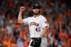 Houston Astros starting pitcher Gerrit Cole (45) reacts after an out against the Tampa Bay Rays during the seventh inning of Game 5 of a baseball American League Division Series in Houston, Thursday, Oct. 10, 2019. (AP Photo/Eric Christian Smith)