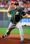 Oakland Athletics starting pitcher Homer Bailey delivers during the first inning of a baseball game against the Houston Astros, Monday, July 22, 2019, in Houston. (AP Photo/Eric Christian Smith)