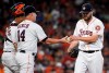 Houston Astros starting pitcher Wade Miley, right, is removed from the game by manager AJ Hinch (14) during the second inning of a baseball game against the Los Angeles Angels, Saturday, Sept. 21, 2019, in Houston. (AP Photo/Eric Christian Smith)