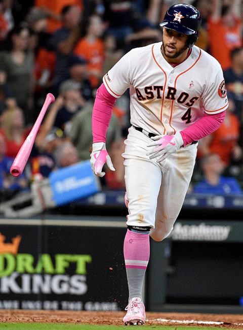 Houston Astros' George Springer rounds the bases after hitting a two-run home run during the sixth inning of a baseball game against the Texas Rangers, Sunday, May 12, 2019, in Houston. (AP Photo/Eric Christian Smith)