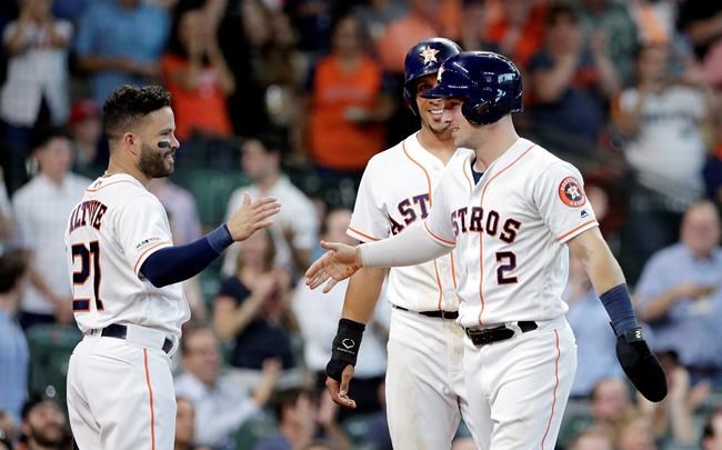 Houston Astros Jose Altuve (27) Michael Brantley, middle, and Alex Bregman (2) celebrate after they all scored on the RBI double hit by Yuli Gurriel during the fourth inning of a baseball game against the Colorado Rockies Wednesday, August 7, 2019, in Houston. (AP Photo/Michael Wyke)