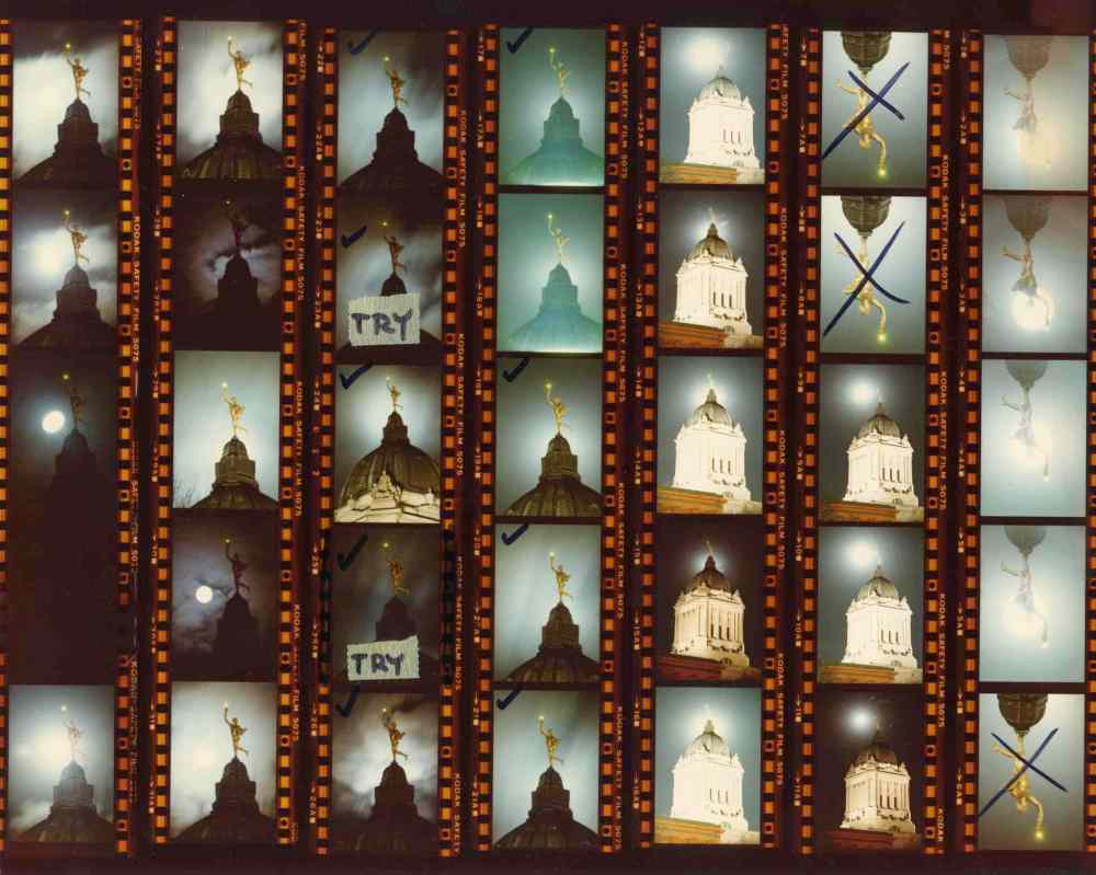 UMArchives_PC219_A05-100_009_0009_0001_0001
A contact sheet with photographs of the Golden Boy statue atop the Manitoba Legislature.