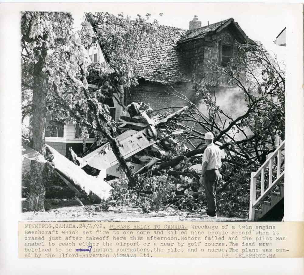 UMArchives_mss431_A14-68_077_0052_064_0001
Wreckage of a twin engine Beechcraft which set fire to one home and killed nine people on board when it crashed just after takeoff in 1972.