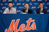 New York Mets pitcher Jacob deGrom, left, Mets COO Jeff Wilpon, center, and Executive Vice President and General Manager Brodie Van Wagenen, speak during a baseball news conference Wednesday, March 27, 2019, in Arlington, Va. The Cy Young Award winner and the Mets agreed to a $137.5 million, five-year contract, on Monday, March 25, a deal that includes $52.5 million deferred into the 2030s. (AP Photo/Cliff Owen)