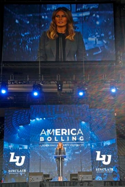 First lady Melania Trump speaks during a town hall meeting on opioid addiction at Liberty University in Lynchburg, Va., Wednesday, Nov. 28, 2018. (AP Photo/Steve Helber)