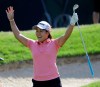 Nasa Hataoka, of Japan, reacts to a eagle putt on the 15th hole during the third round of the LPGA Tour golf tournament at Kingsmill Resort, in Williamsburg, Va., Saturday, May 25, 2019. (AP Photo/Steve Helber)