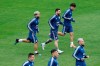 Argentina's Lionel Messi, center, and teammate Argentina's Sergio Aguero, left, run during a training session at Pacaembu stadium in Sao Paulo, Brazil, Friday, July 5, 2019. Argentina will face Chile for their Copa America soccer third place match on July 6. (AP Photo/Victor R. Caivano)