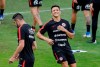 Chile's Alexis Sanchez grimaces during a training session in Sao Paulo, Brazil, Wednesday, June 26, 2019. Chile will face Colombia on June 28 for the quarterfinals for the Copa America. (AP Photo/Victor R. Caivano)
