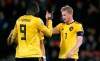 Belgium's Kevin De Bruyne, right, celebrates with with Belgium's Romelu Lukaku after scoring his sides fourth goal during the Euro 2020 group I qualifying soccer match between Scotland and Belgium at Hampden Park stadium in Glasgow, Monday, Sept. 9, 2019. (AP Photo/Scott Heppell)