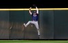 Tampa Bay Rays center fielder Kevin Kiermaier leaps at the wall to catch a deep fly ball from Seattle Mariners' Mallex Smith duringp the third inning of a baseball game Saturday, Aug. 10, 2019, in Seattle. (AP Photo/Elaine Thompson)