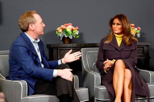 First lady Melania Trump, right, participates in a discussion with Microsoft president Brad Smith at the company's headquarters in Redmond, Wash., Monday, March 4, 2019, during a two-day, three-state swing to promote her Be Best campaign. (AP Photo/Patrick Semansky)