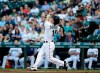 Seattle Mariners' Kyle Seager pops out during the first inning of a baseball game against the Texas Rangers, Monday, May 27, 2019, in Seattle. (AP Photo/Ted S. Warren)