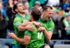 Seattle Sounders' Will Bruin, center, is greeted by Nicolas Lodeiro, left, and Brad Smith, after Bruin scored a goal with assists from Lodiero and Smith during the second half of an MLS soccer match against Toronto FC, Saturday, April 13, 2019, in Seattle. The Sounders won 3-2. (AP Photo/Ted S. Warren)