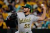 Oakland Athletics starting pitcher Sean Manaea throws to a Seattle Mariners batter during the first inning of a baseball game Thursday, Sept. 26, 2019, in Seattle. (AP Photo/Ted S. Warren)